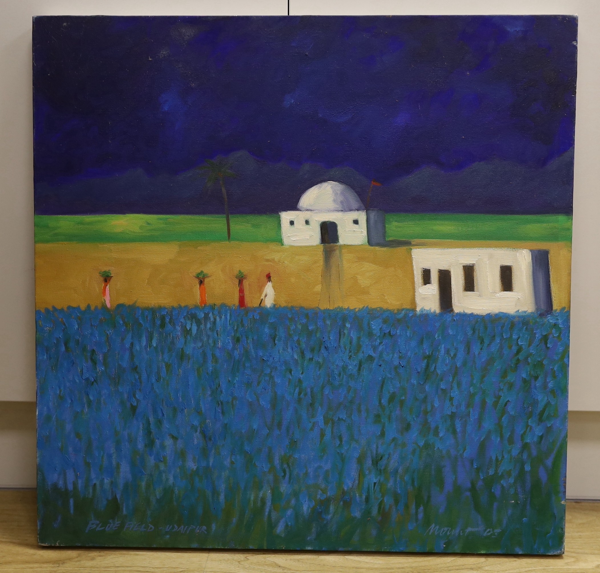 Cyril Mount (1920-2013), oil on canvas, 'Blue Field - Udaipur', signed and dated '05, 61 x 61cm, unframed
